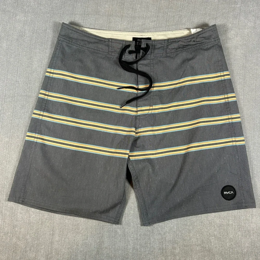 RVCA Mens Board Shorts Size 31 Gray Striped Surf Trunks Swimwear